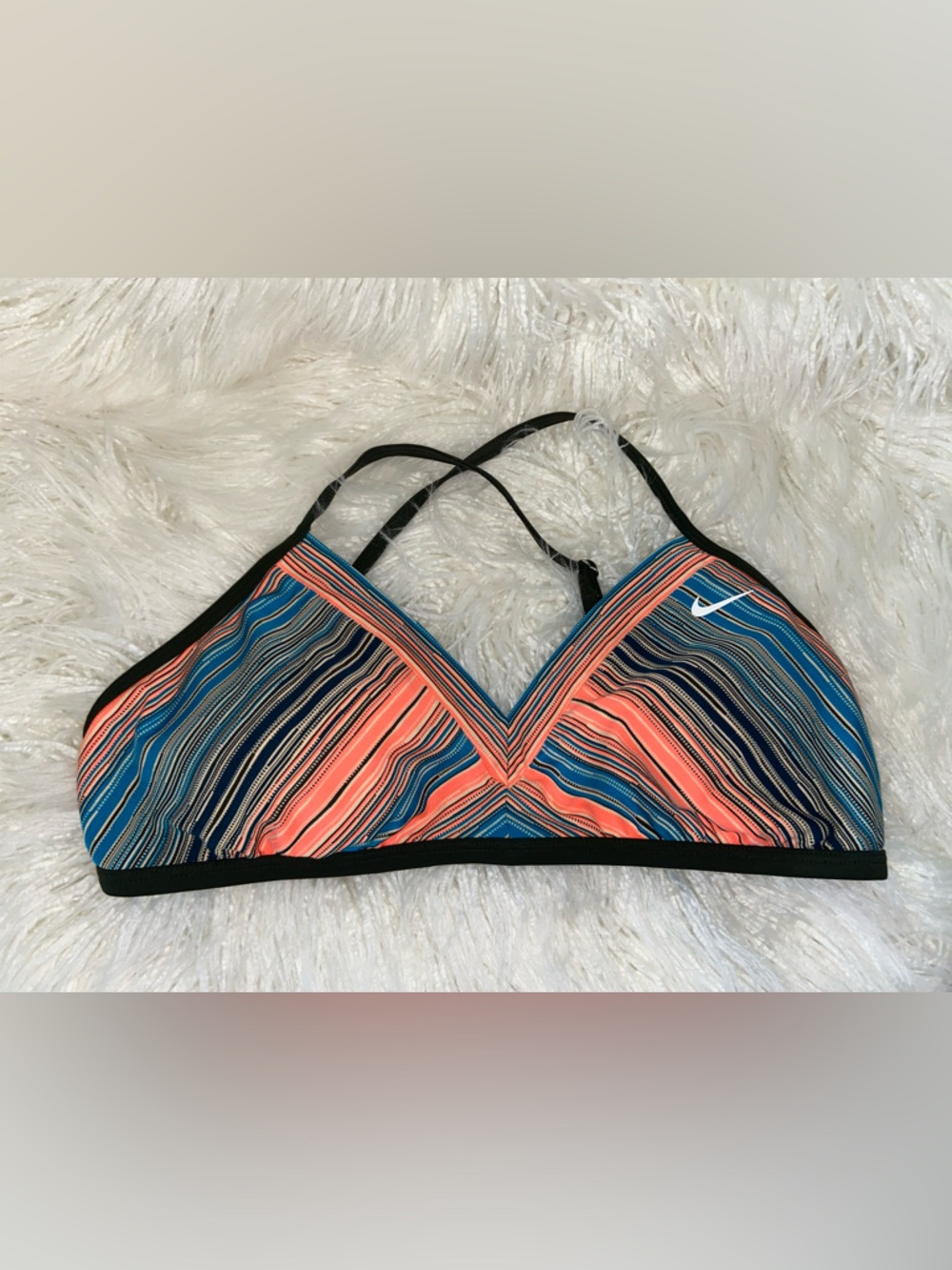 Nike Coral and Blue Striped Bikini Top with Black Trim